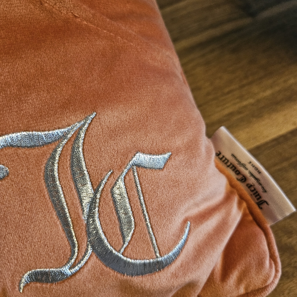 New JUICY COUTURE Velveteen Throw Pillow with Iconic Zip Up Accent,‎ Orange - Picture 3 of 6